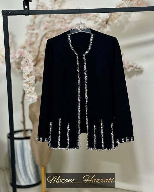 Elegant Black Open-Front Jacket with Silver Trim Details