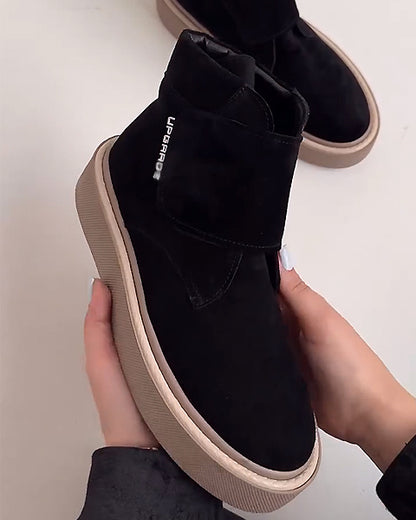 Black Suede Ankle Sneakers with Velcro Strap and Chunky Sole