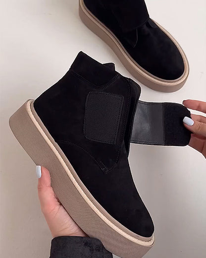 Black Suede Ankle Sneakers with Velcro Strap and Chunky Sole