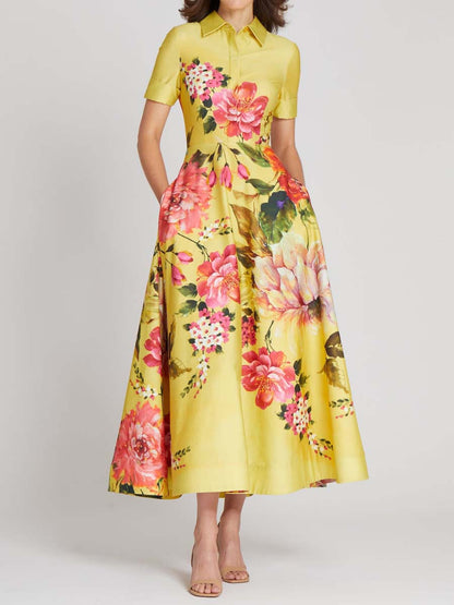 Floral Border Print Shirt Midi Dress