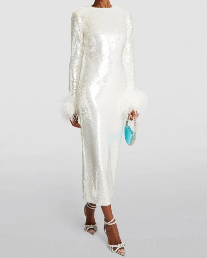 Sequinned Long sleeves Feather-trim Midi Dress in White