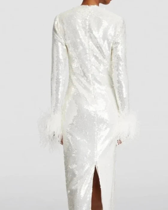 Sequinned Long sleeves Feather-trim Midi Dress in White