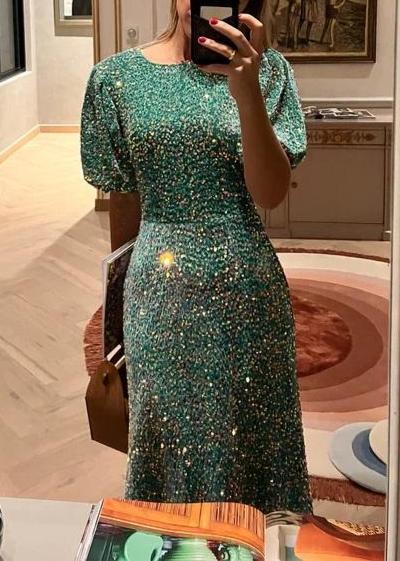 Sequin Decorated Velvet Puff Sleeve Midi Dress