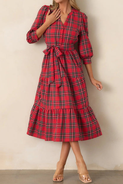 Tartan Plaid Crepe Midi Dress