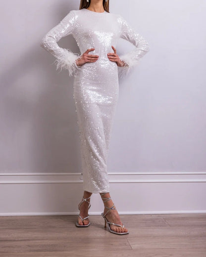 Sequinned Long sleeves Feather-trim Midi Dress in White