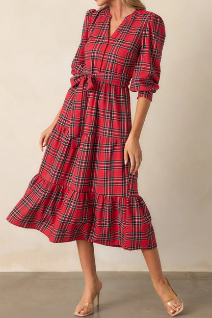 Tartan Plaid Crepe Midi Dress