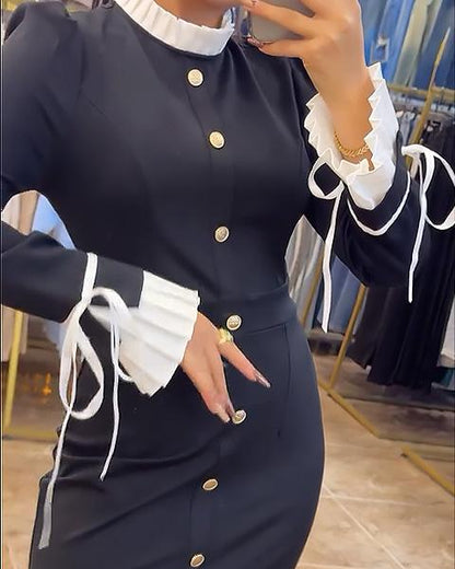 Stand Collar Colorblock Trumpet Sleeve Ribbon Sleeve Dress