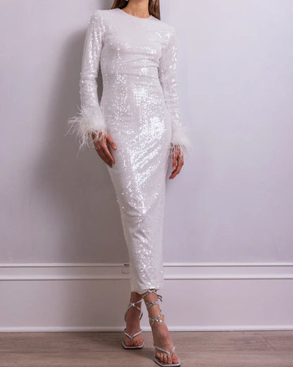 Sequinned Long sleeves Feather-trim Midi Dress in White