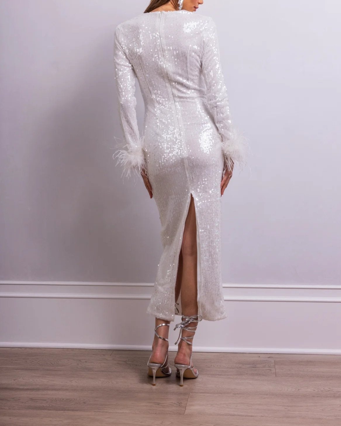 Sequinned Long sleeves Feather-trim Midi Dress in White