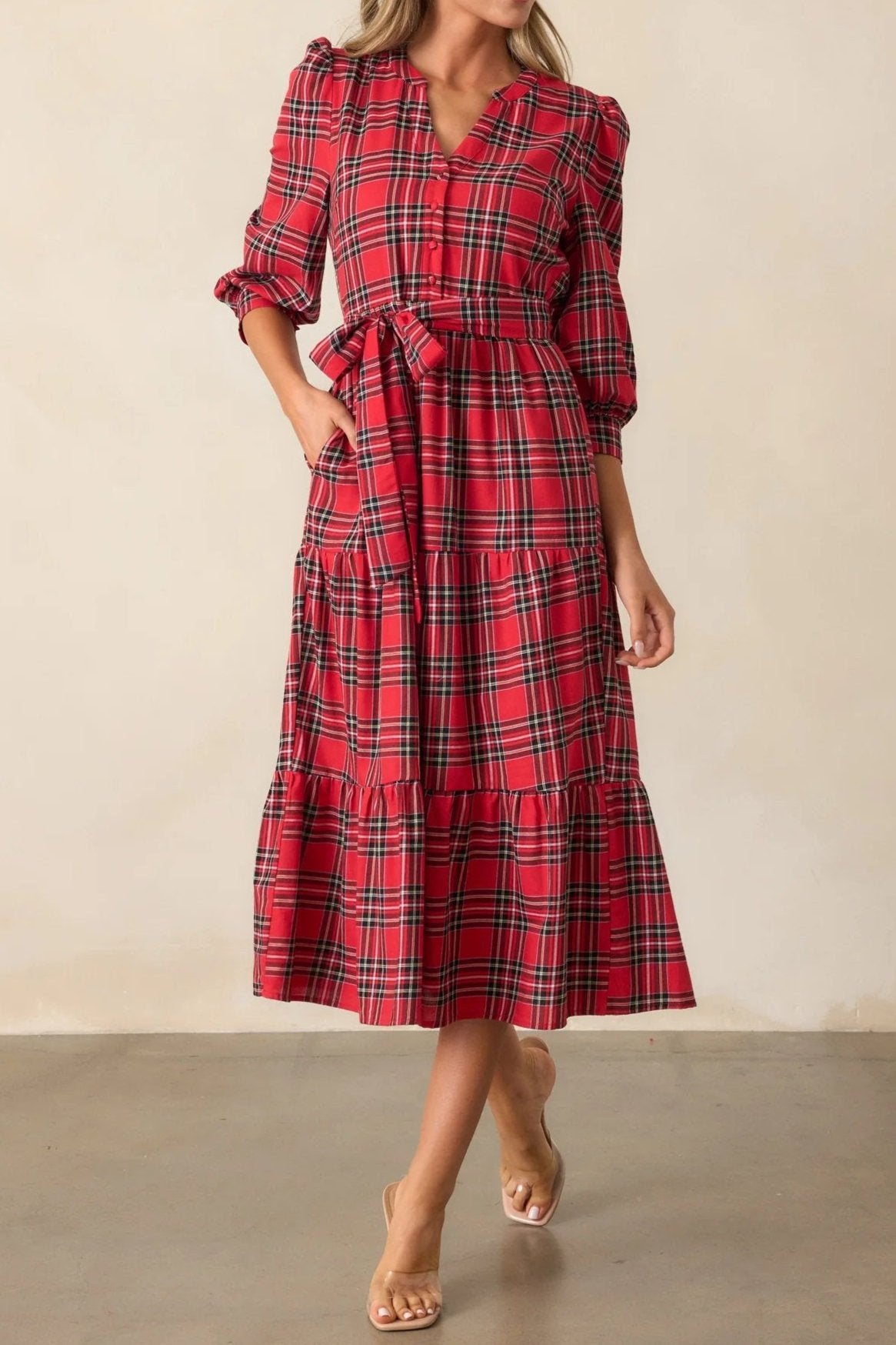 Tartan Plaid Crepe Midi Dress