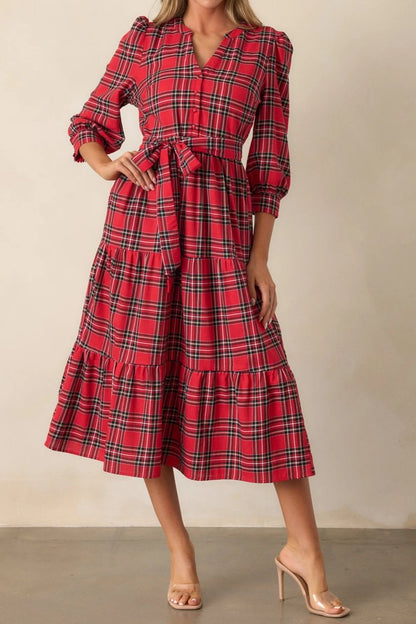 Tartan Plaid Crepe Midi Dress