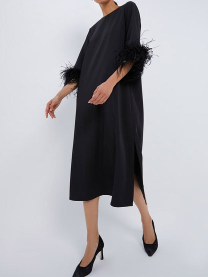 Crewneck Feather Cuffs Side Slit Dress