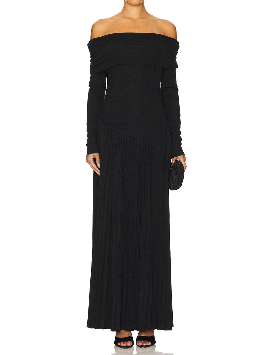 Off Shoulder Long Sleeve Pleated Maxi Dress