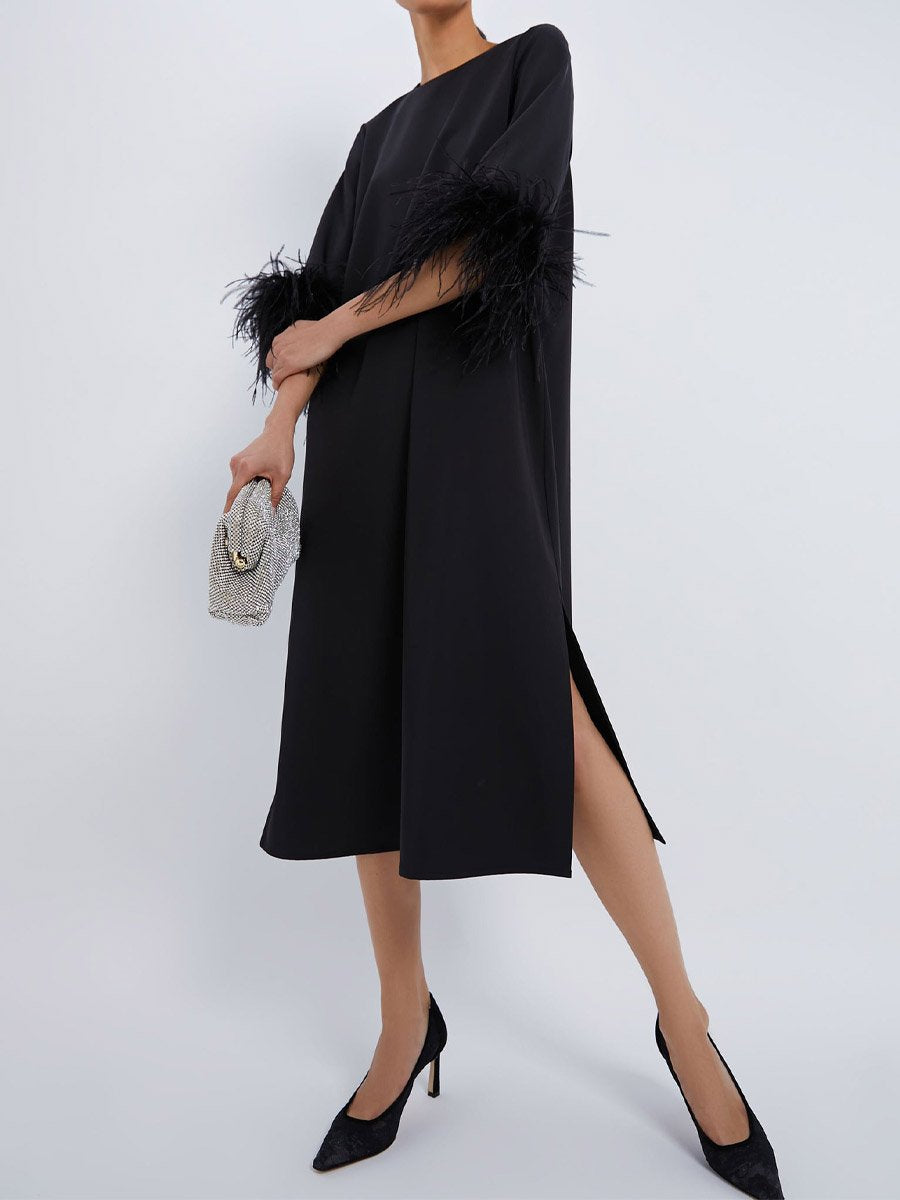 Crewneck Feather Cuffs Side Slit Dress