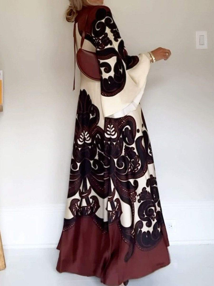 Silk Placement Print Long Sleeve Maxi Dress