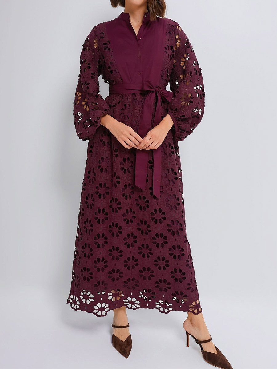 Lace Patchwork Self-tie Waist Belt Maxi Dress