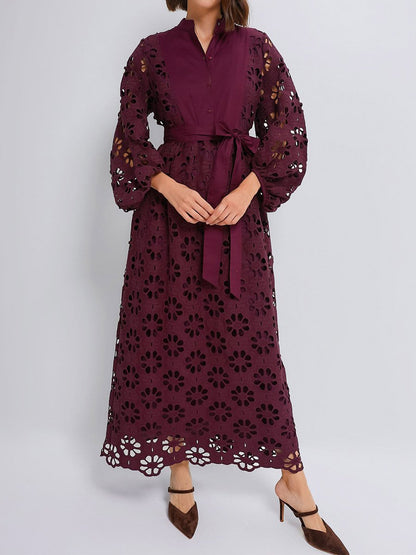 Lace Patchwork Self-tie Waist Belt Maxi Dress