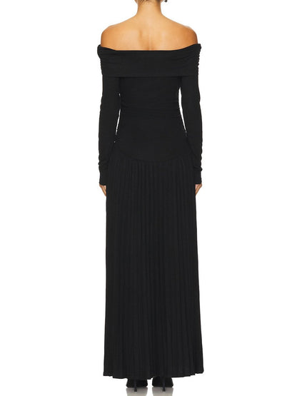 Off Shoulder Long Sleeve Pleated Maxi Dress