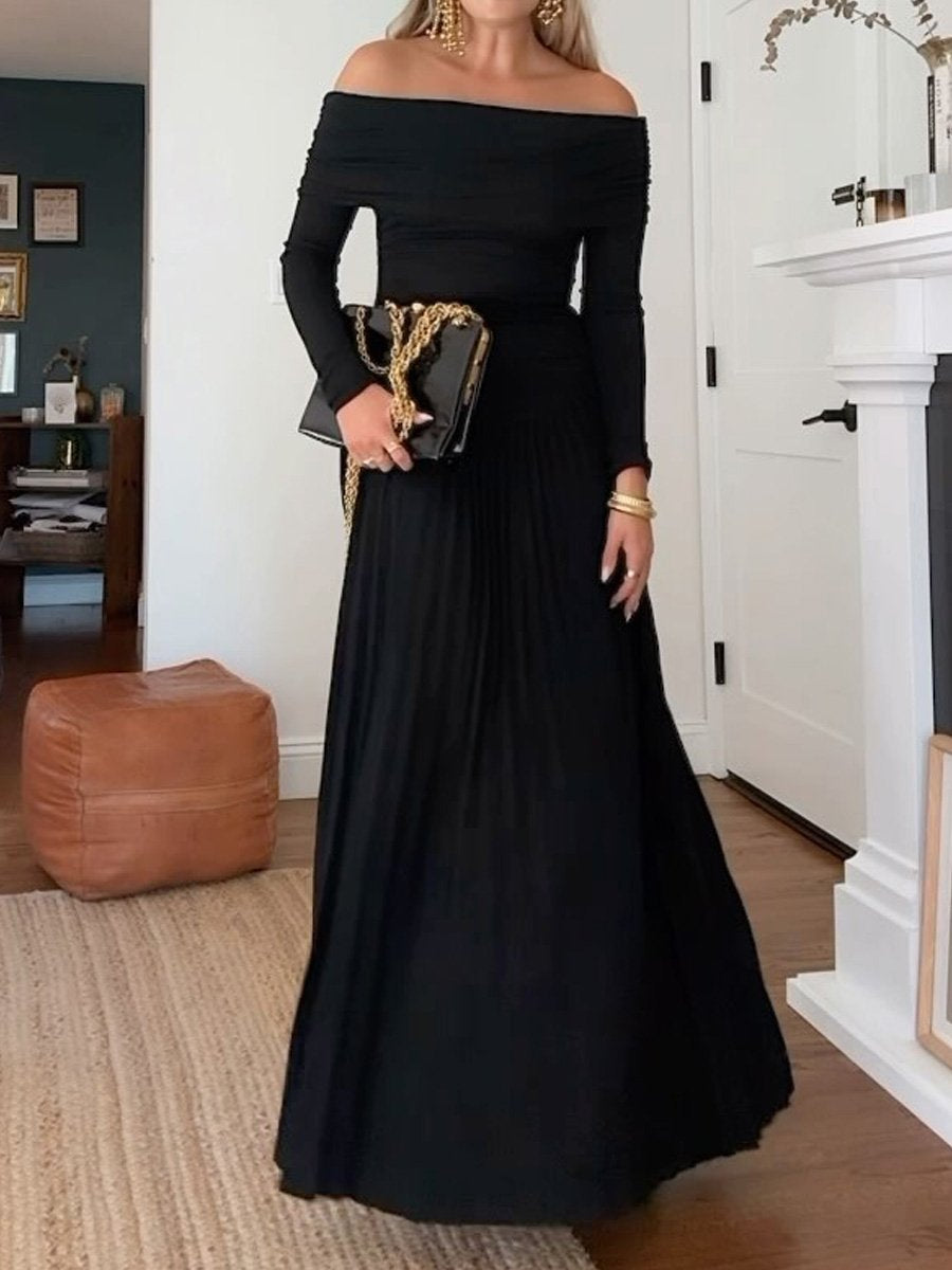 Off Shoulder Long Sleeve Pleated Maxi Dress