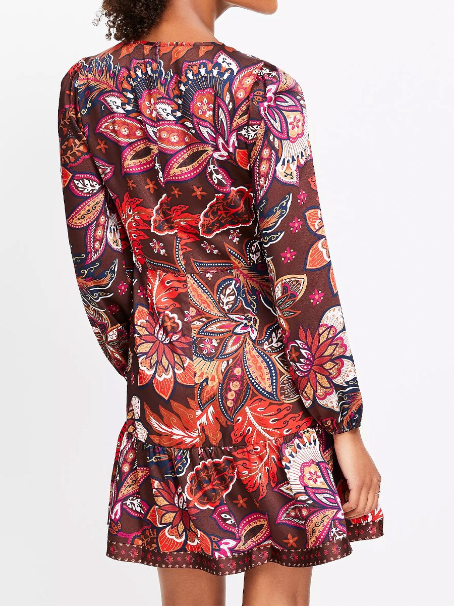 Printed Long Sleeve Flounce Dress