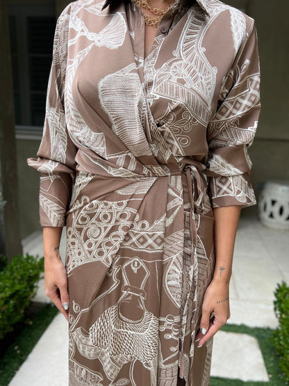 Printed Long Sleeve Collared Maxi Wrap Dress