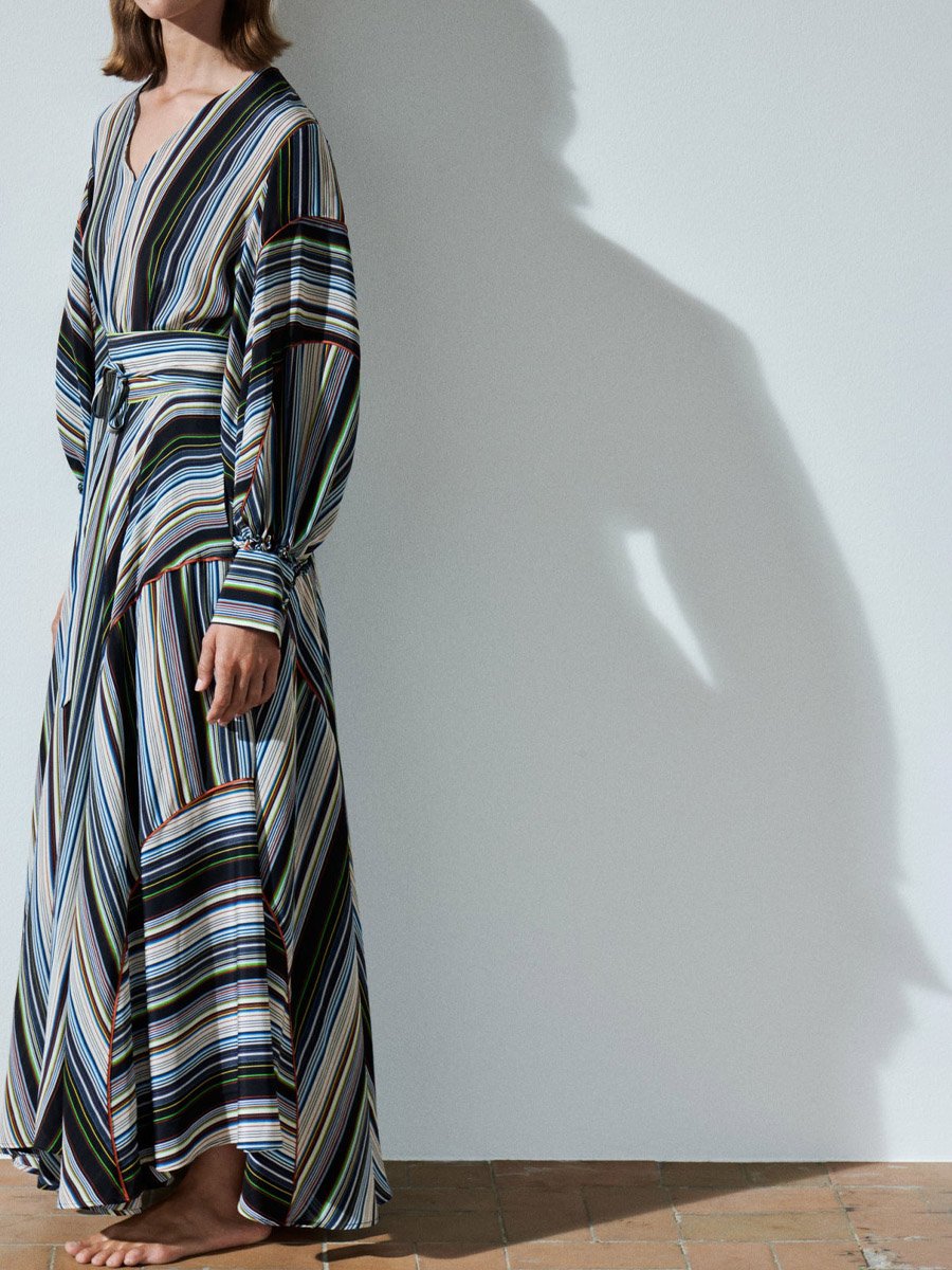 Striped Print V Neck Lond Sleeve Maxi Dress