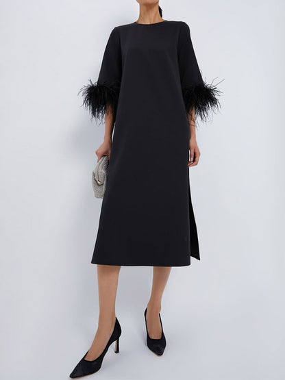 Crewneck Feather Cuffs Side Slit Dress