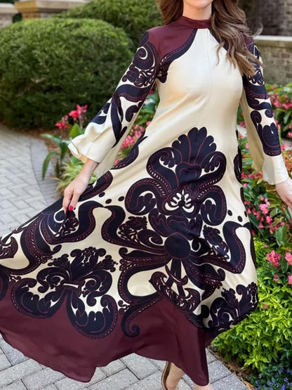 Silk Placement Print Long Sleeve Maxi Dress