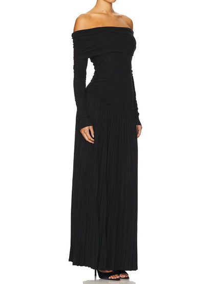 Off Shoulder Long Sleeve Pleated Maxi Dress