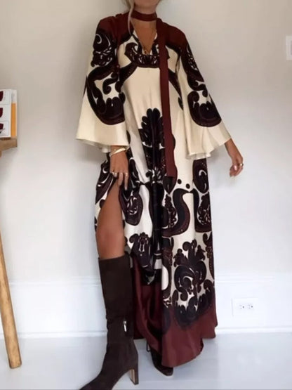 Silk Placement Print Long Sleeve Maxi Dress