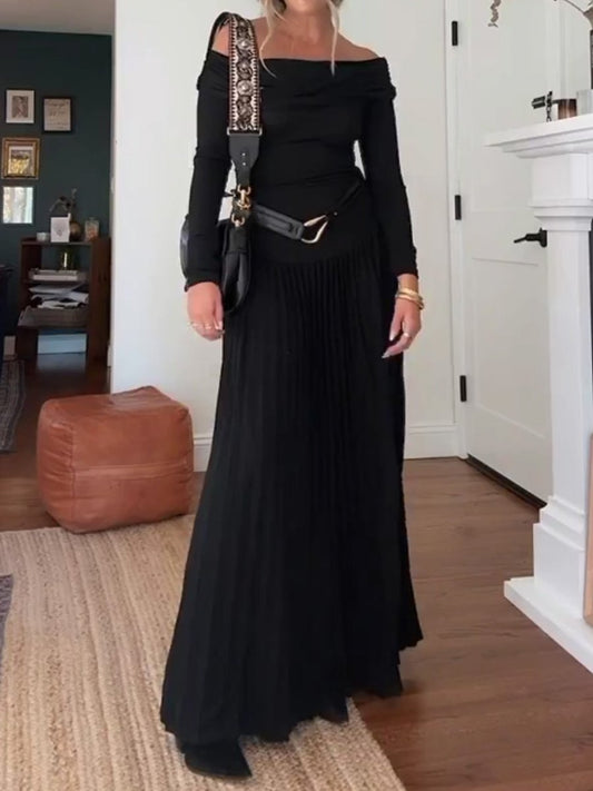 Off Shoulder Long Sleeve Pleated Maxi Dress