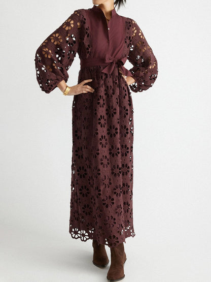 Lace Patchwork Self-tie Waist Belt Maxi Dress