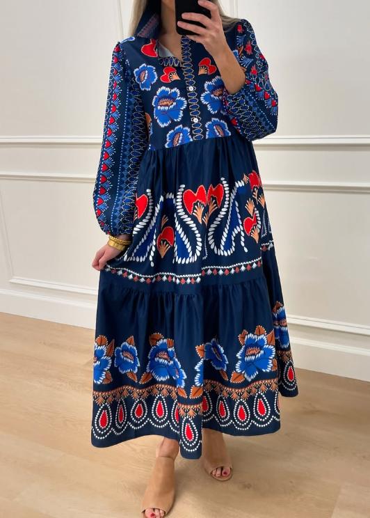 Blue Elegant Printed Midi Dress