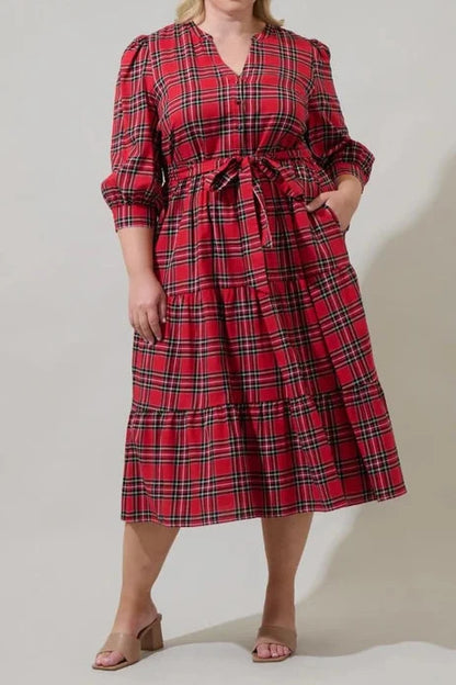 Tartan Plaid Crepe Midi Dress