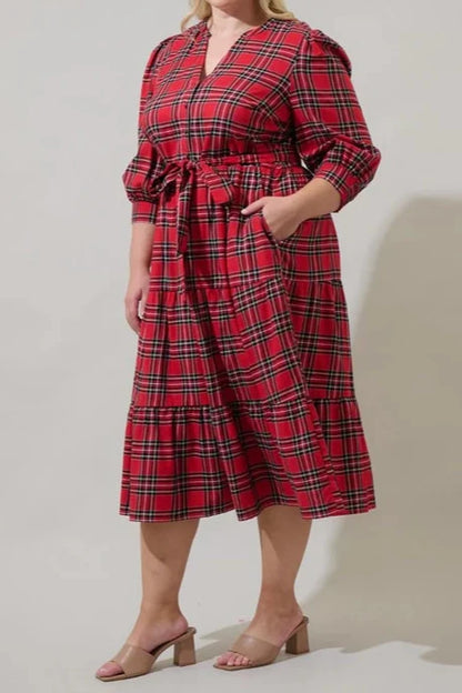 Tartan Plaid Crepe Midi Dress